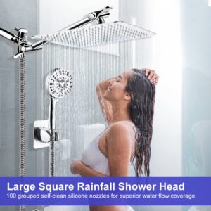 Shower Head, High Pressure Hydrojet Rainfall Shower Head / 6 Spray Settings Handheld Showerhead Combo with 11 inch Extension Arm, Anti-leak Shower Head with Holder, 1.5M Hose, Chrome