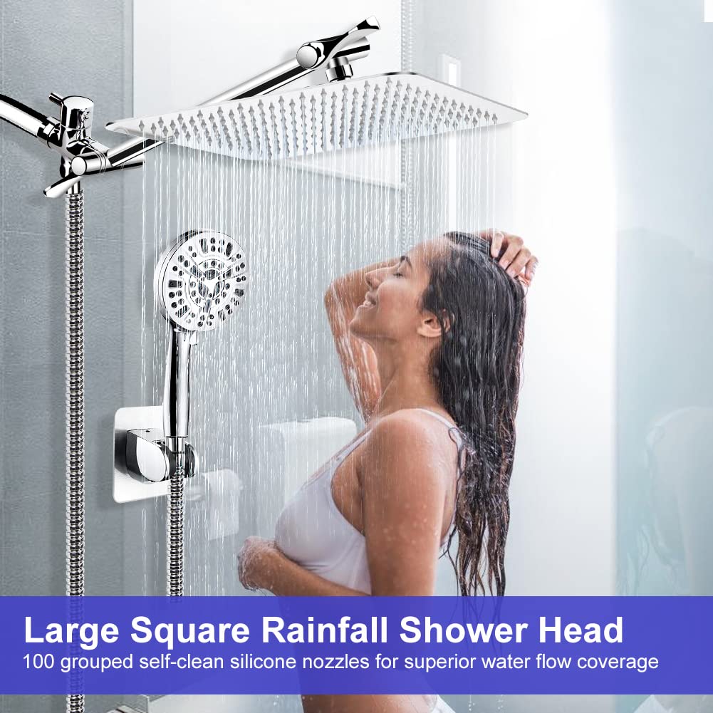 Shower Head, High Pressure Hydrojet Rainfall Shower Head / 6 Spray Settings Handheld Showerhead Combo with 11 inch Extension Arm, Anti-leak Shower Head with Holder, 1.5M Hose, Chrome