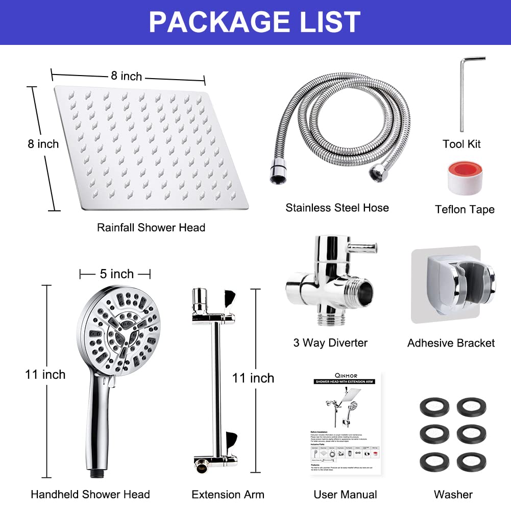 Shower Head, High Pressure Hydrojet Rainfall Shower Head / 6 Spray Settings Handheld Showerhead Combo with 11 inch Extension Arm, Anti-leak Shower Head with Holder, 1.5M Hose, Chrome