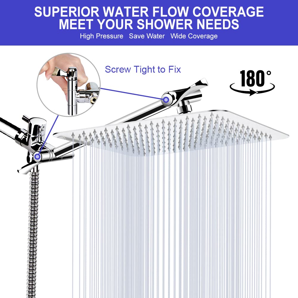 Shower Head, High Pressure Hydrojet Rainfall Shower Head / 6 Spray Settings Handheld Showerhead Combo with 11 inch Extension Arm, Anti-leak Shower Head with Holder, 1.5M Hose, Chrome