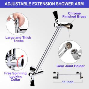 Shower Head, High Pressure Hydrojet Rainfall Shower Head / 6 Spray Settings Handheld Showerhead Combo with 11 inch Extension Arm, Anti-leak Shower Head with Holder, 1.5M Hose, Chrome