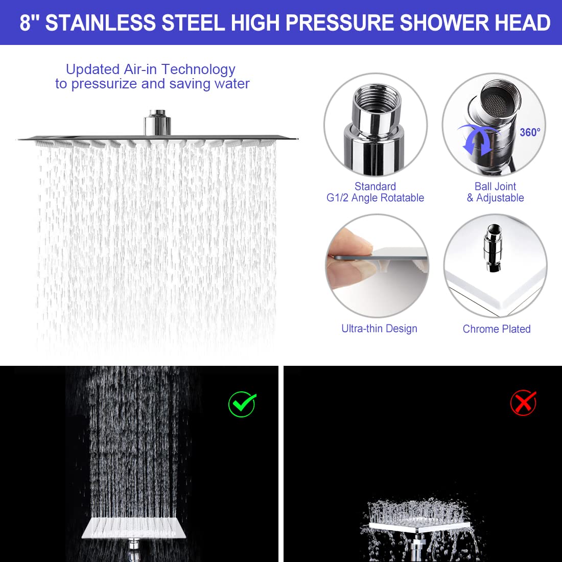 Shower Head, High Pressure Hydrojet Rainfall Shower Head / 6 Spray Settings Handheld Showerhead Combo with 11 inch Extension Arm, Anti-leak Shower Head with Holder, 1.5M Hose, Chrome