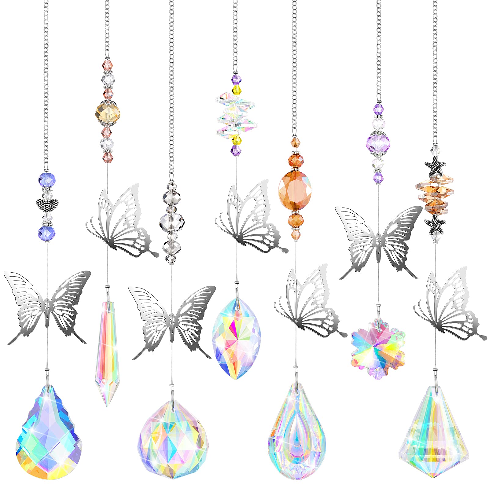 7 Pieces Crystals Suncatcher Butterfly Sun Catchers Colorful Crystal Chandelier Pendant Hummingbird Wall Hanging Tree Window Prism Ornament (Charming Colors, Butterfly Style)