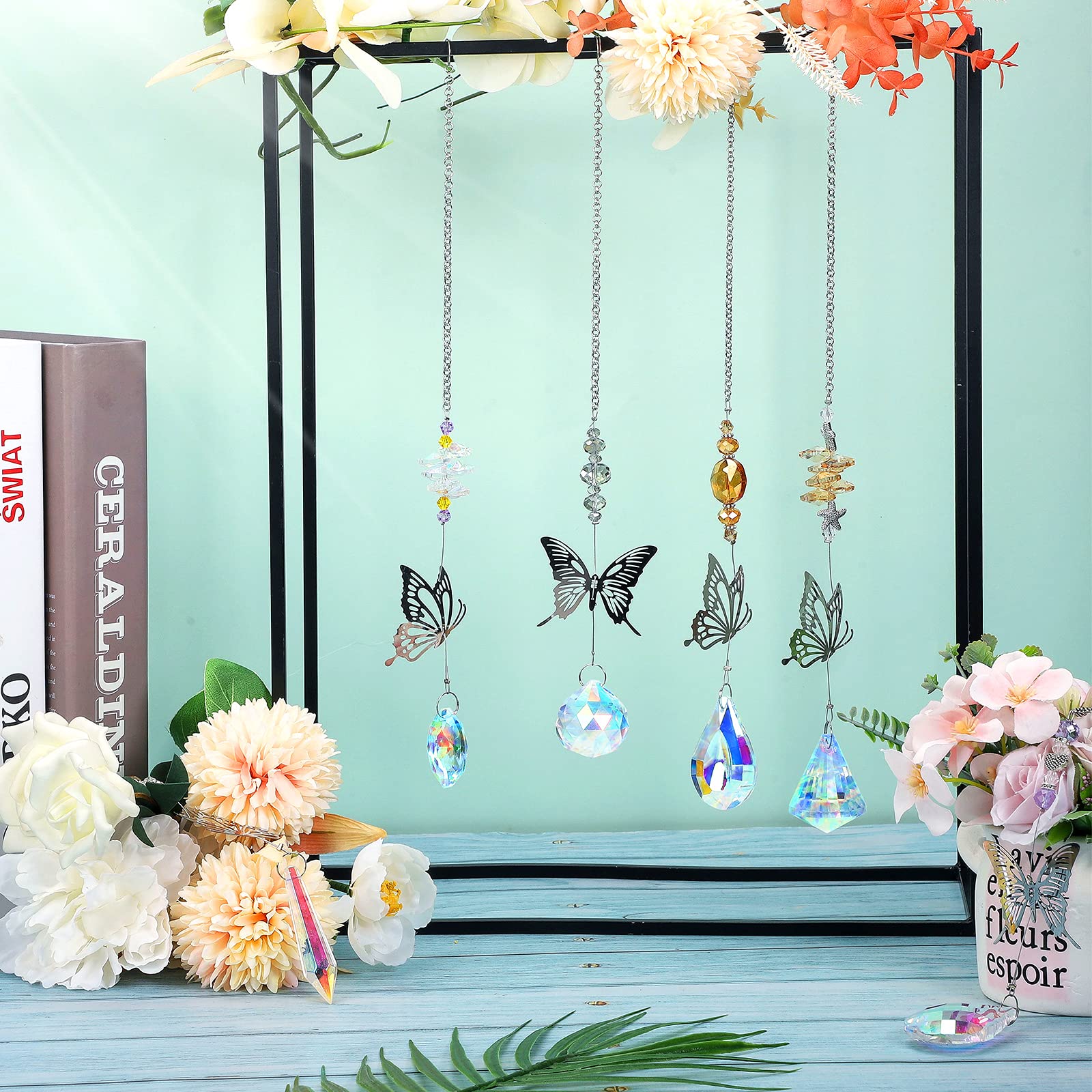 7 Pieces Crystals Suncatcher Butterfly Sun Catchers Colorful Crystal Chandelier Pendant Hummingbird Wall Hanging Tree Window Prism Ornament (Charming Colors, Butterfly Style)