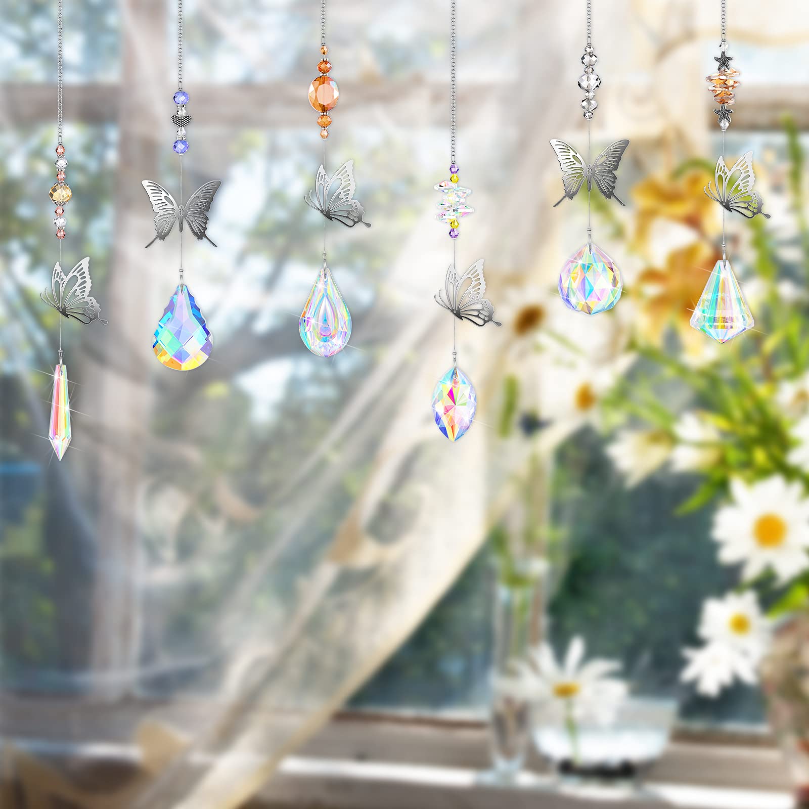 7 Pieces Crystals Suncatcher Butterfly Sun Catchers Colorful Crystal Chandelier Pendant Hummingbird Wall Hanging Tree Window Prism Ornament (Charming Colors, Butterfly Style)