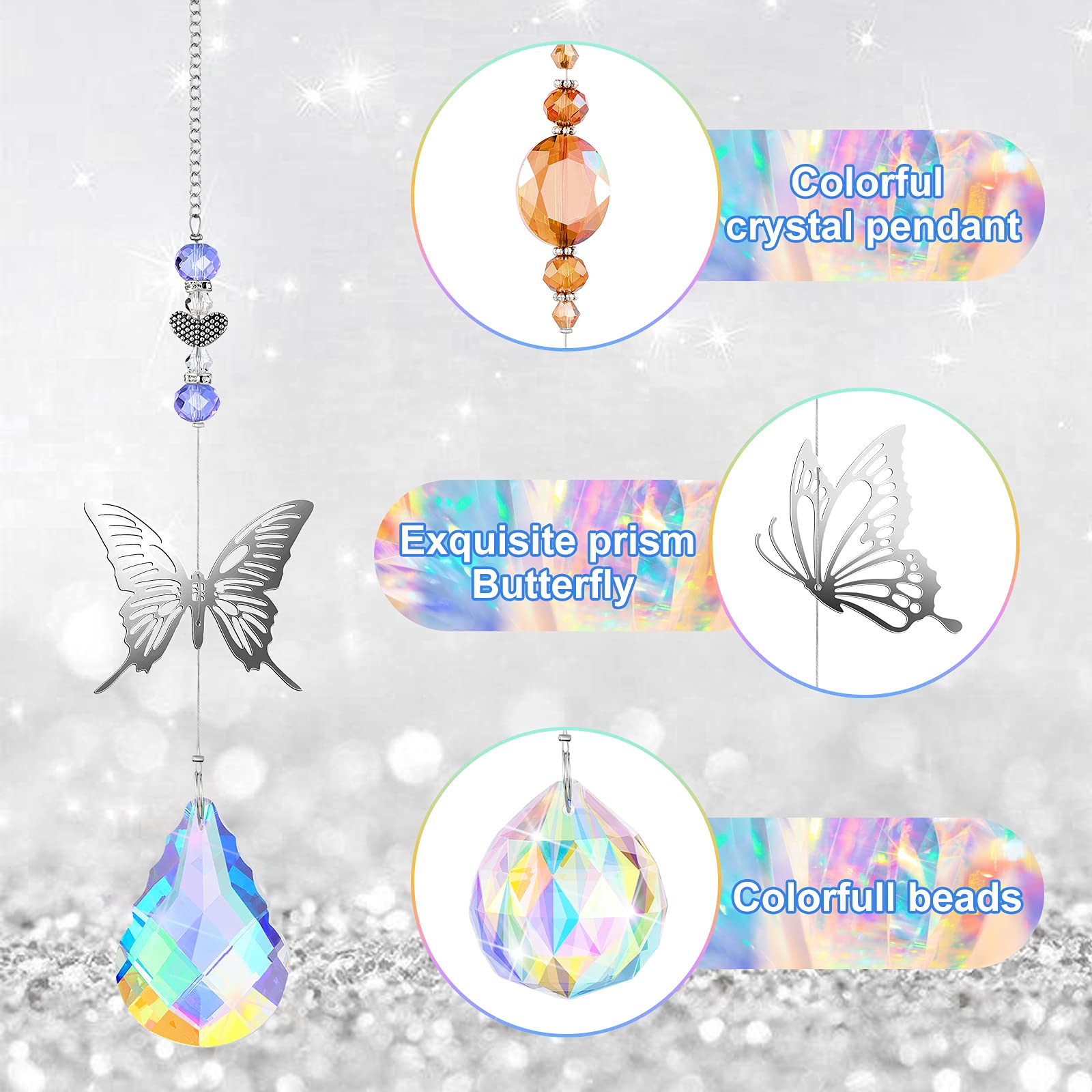 7 Pieces Crystals Suncatcher Butterfly Sun Catchers Colorful Crystal Chandelier Pendant Hummingbird Wall Hanging Tree Window Prism Ornament (Charming Colors, Butterfly Style)