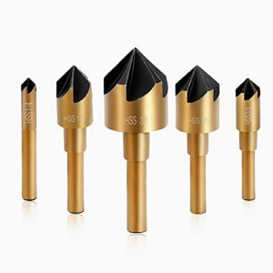 aleric countersink drill bit set,high speed steel counter sinker drill bit 5pcs 5 flute 6mm hex shank with 82 degree mill cutter bit countersink bits for wood metal in size 1/4” 3/8” 1/2” 5/8” 3/4”