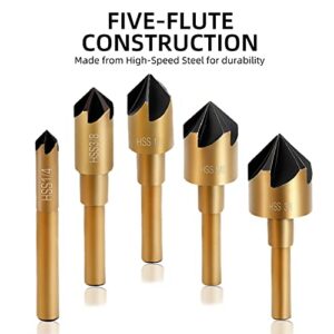 Aleric Countersink Drill Bit Set,High Speed Steel Counter Sinker Drill Bit 5Pcs 5 Flute 6mm Hex Shank with 82 Degree Mill Cutter Bit Countersink Bits for Wood Metal in Size 1/4” 3/8” 1/2” 5/8” 3/4”