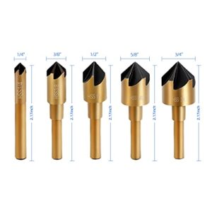 Aleric Countersink Drill Bit Set,High Speed Steel Counter Sinker Drill Bit 5Pcs 5 Flute 6mm Hex Shank with 82 Degree Mill Cutter Bit Countersink Bits for Wood Metal in Size 1/4” 3/8” 1/2” 5/8” 3/4”