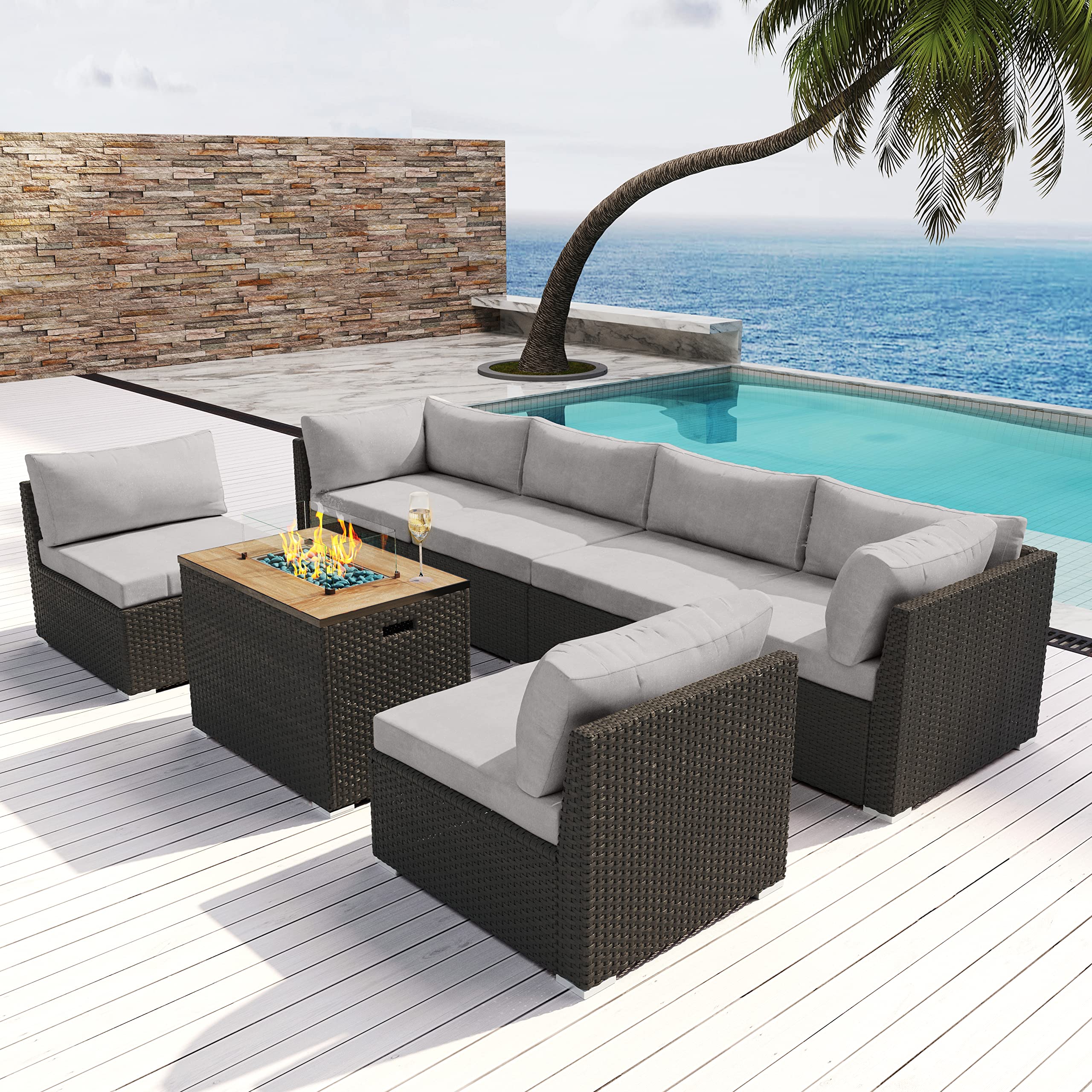 MODENZI Patio Furniture Outdoor Sectional with Propane Fire Pit Table Espresso Brown Wicker Resin Garden Conversation Sofa Set (Light Grey)