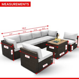 MODENZI Patio Furniture Outdoor Sectional with Propane Fire Pit Table Espresso Brown Wicker Resin Garden Conversation Sofa Set (Light Grey)