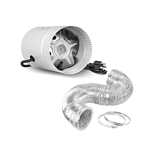 iPower Silent 4 inch Booster Fan 90CFM Inline Blower with 4. 9' Grounded Power Cord, 8 Feet Non-Insulated Flex Air Aluminum Ducting Vent Hose, Quite for Kitchen Bathroom Grow Tent