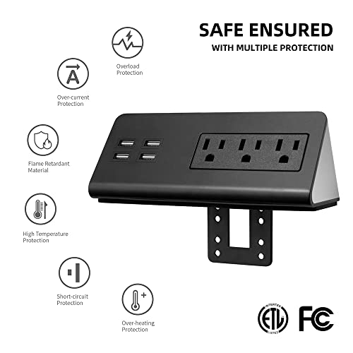 Emerising 2-Pack Desk Edge Mount Power Strips with 4 USB Ports & 3 AC Power Outlets for Home and Office Desktop Charging Bucket, 1250Joules Surge Protection,Black