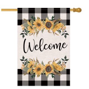 larmoy welcome spring house flag for outdoor,28×40 double sided black and white buffalo plaid with sunflowers,large decorative yard flags for summer all seasons, seasonal farmhouse outside decor