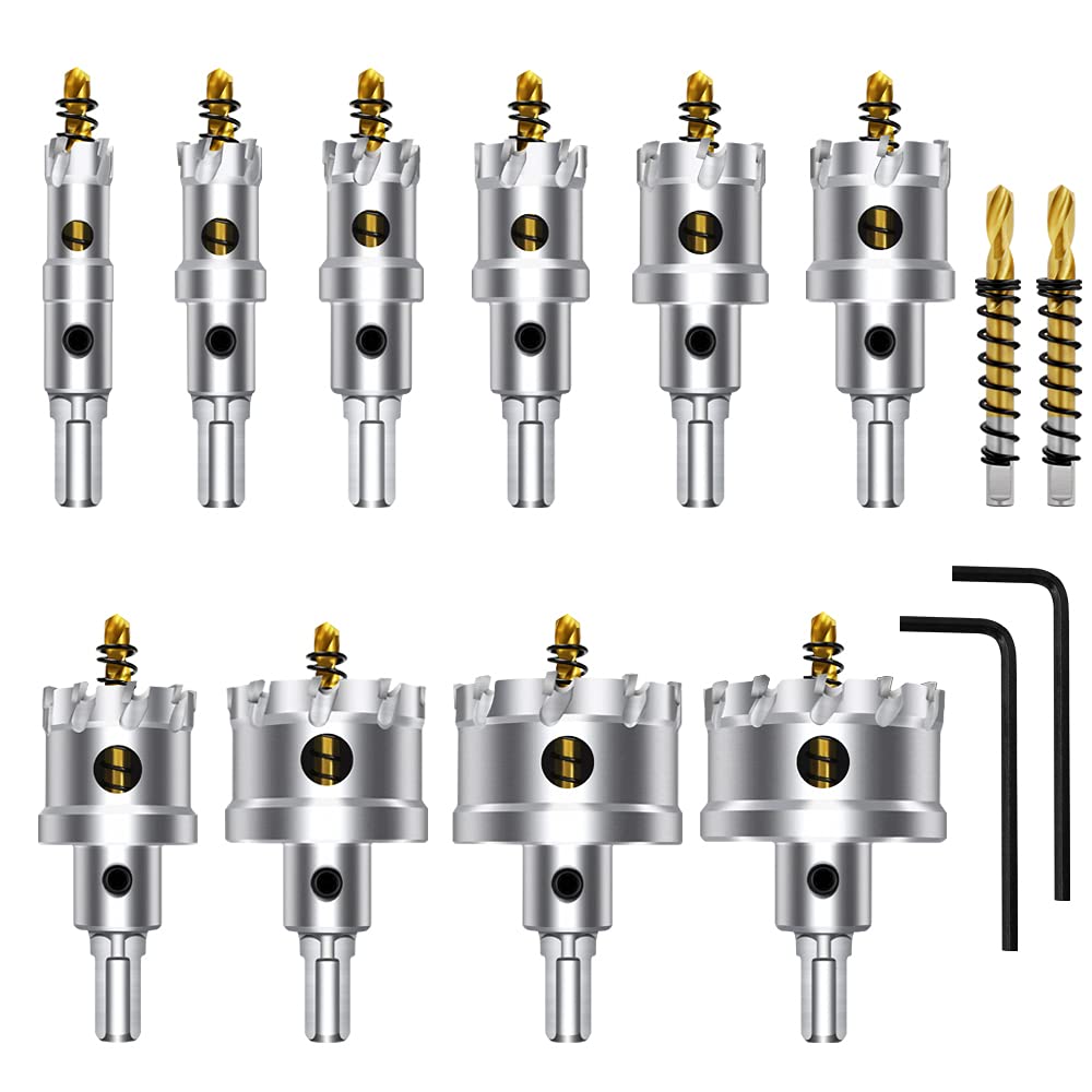 ASNOMY 12PCS TCT Hole Saw Kit for Hard Metal, 5/8"-2-1/8" Inch Tungsten Carbide Tipped Hole Cutter Set with Titanium-Plated Pilot Drill bit for Metal, Stainless Steel, Iron, Wood, Plastic