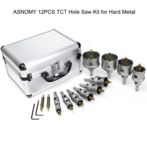 ASNOMY 12PCS TCT Hole Saw Kit for Hard Metal, 5/8"-2-1/8" Inch Tungsten Carbide Tipped Hole Cutter Set with Titanium-Plated Pilot Drill bit for Metal, Stainless Steel, Iron, Wood, Plastic