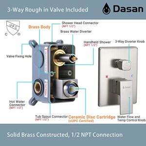 DASAN Tub Shower Faucets Sets Complete Brushed Nickel Bathtub Shower System with Tub Spout, Bathtub Faucet Set Tub and Shower Faucet Combo Trim Kit with Rough-in Valve, DA-SS03BN-S10W