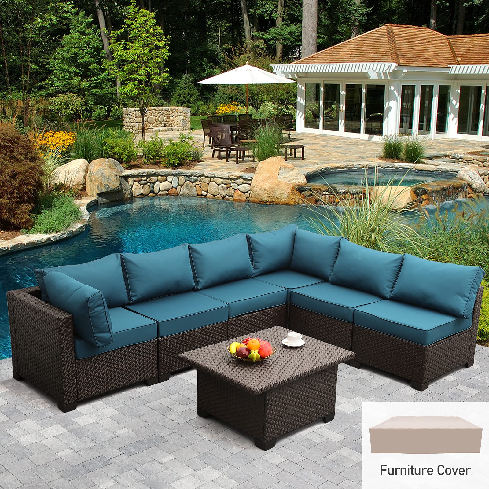 Patio Sectional Sofa Set 7 Pieces Outdoor Wicker Furniture Couch Adjustable Storage Table with Thicken(5") Peacock Blue Non-Slip Cushions Furniture Cover Brown PE Rattan