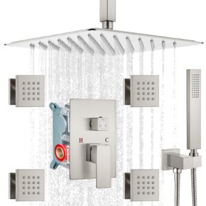 gotonovo ceiling mounted rain mixer shower faucet set 12 inch square rainfall shower head with 4 body spray jets and brass handshower brushed nickel rough-in valve and trim included