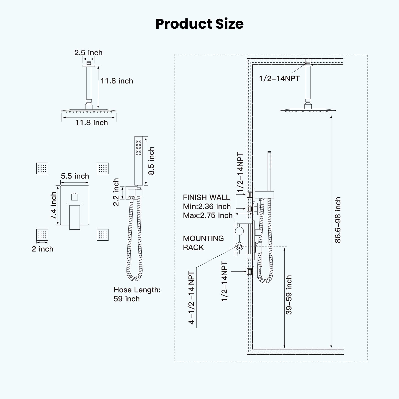 gotonovo Ceiling Mounted Rain Mixer Shower Faucet Set 12 inch Square Rainfall Shower Head with 4 Body Spray Jets and Brass Handshower Brushed Nickel Rough-in Valve and Trim Included