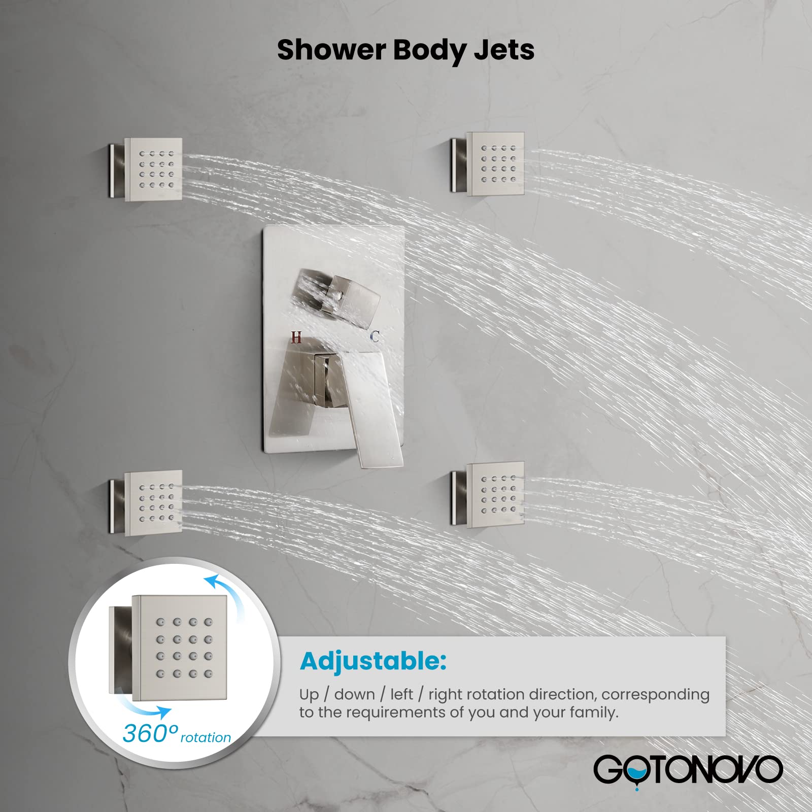 gotonovo Ceiling Mounted Rain Mixer Shower Faucet Set 12 inch Square Rainfall Shower Head with 4 Body Spray Jets and Brass Handshower Brushed Nickel Rough-in Valve and Trim Included