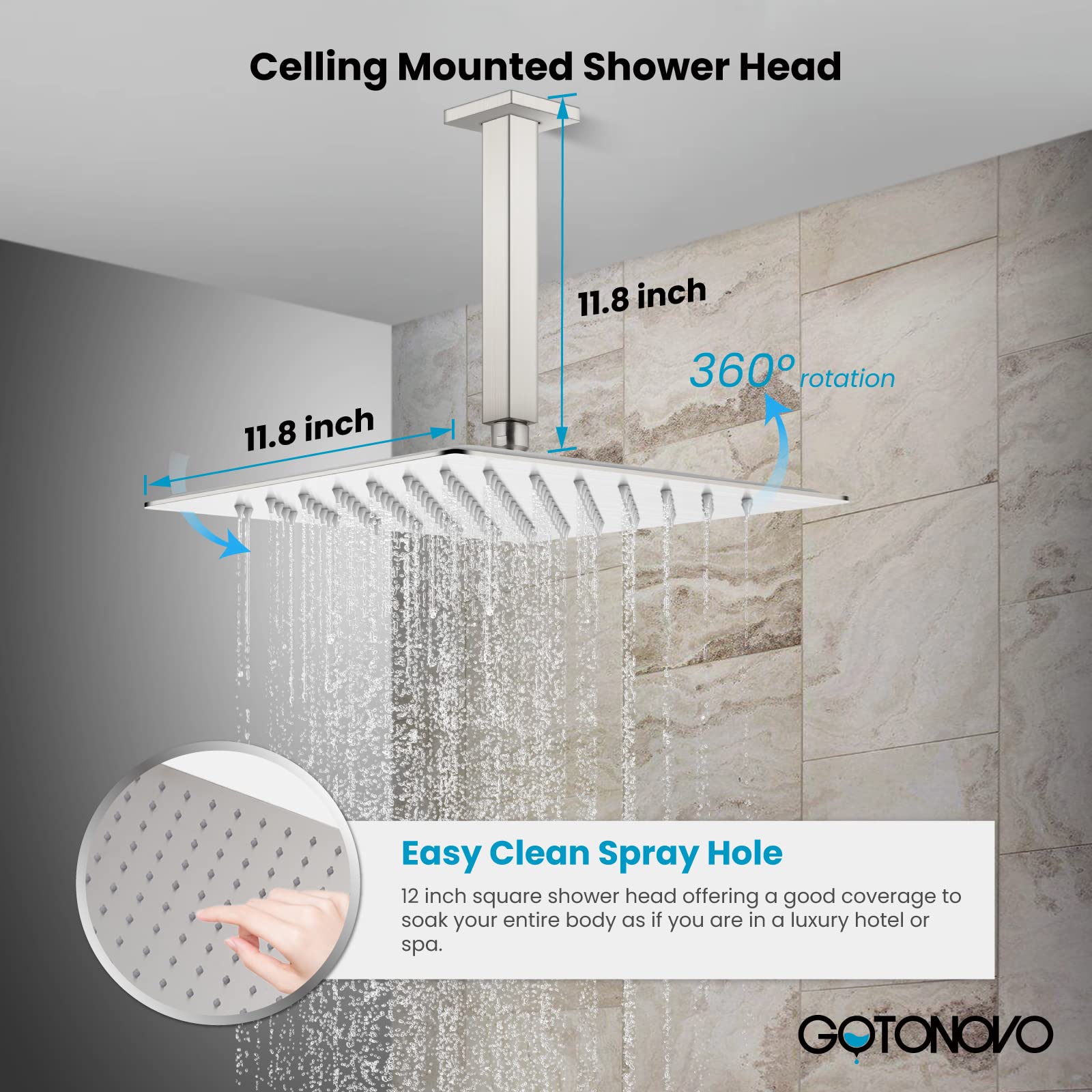 gotonovo Ceiling Mounted Rain Mixer Shower Faucet Set 12 inch Square Rainfall Shower Head with 4 Body Spray Jets and Brass Handshower Brushed Nickel Rough-in Valve and Trim Included