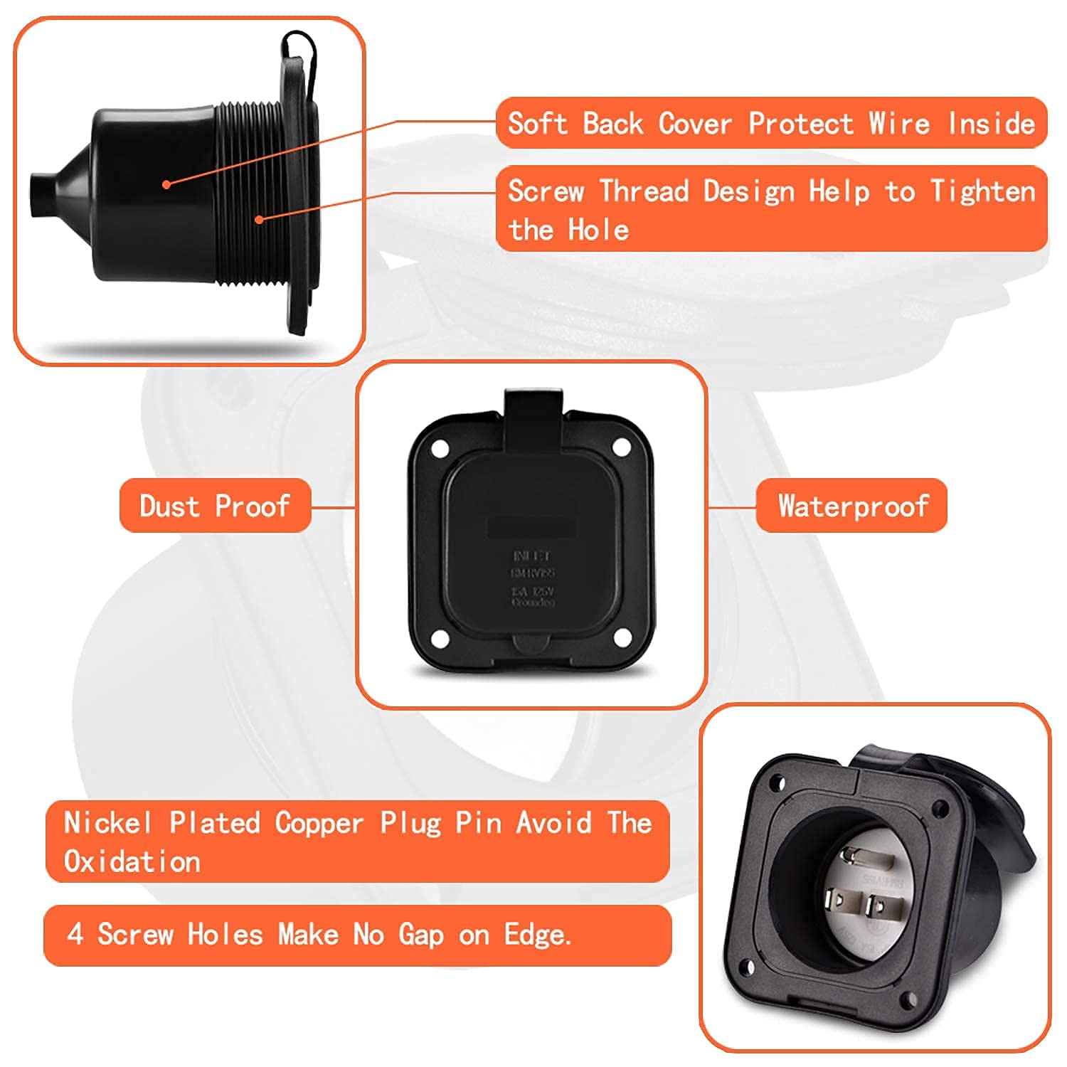 Bundle Set| WELLUCK 15 Amp 125V AC Power Inlet Port Plug with Integrated Dual 18" Extension Cord, NEMA 5-15 RV Flanged Inlet with Waterproof & Back Cover Y Splitter Cable, 2 Pole 3-Wire Shore Power Pl