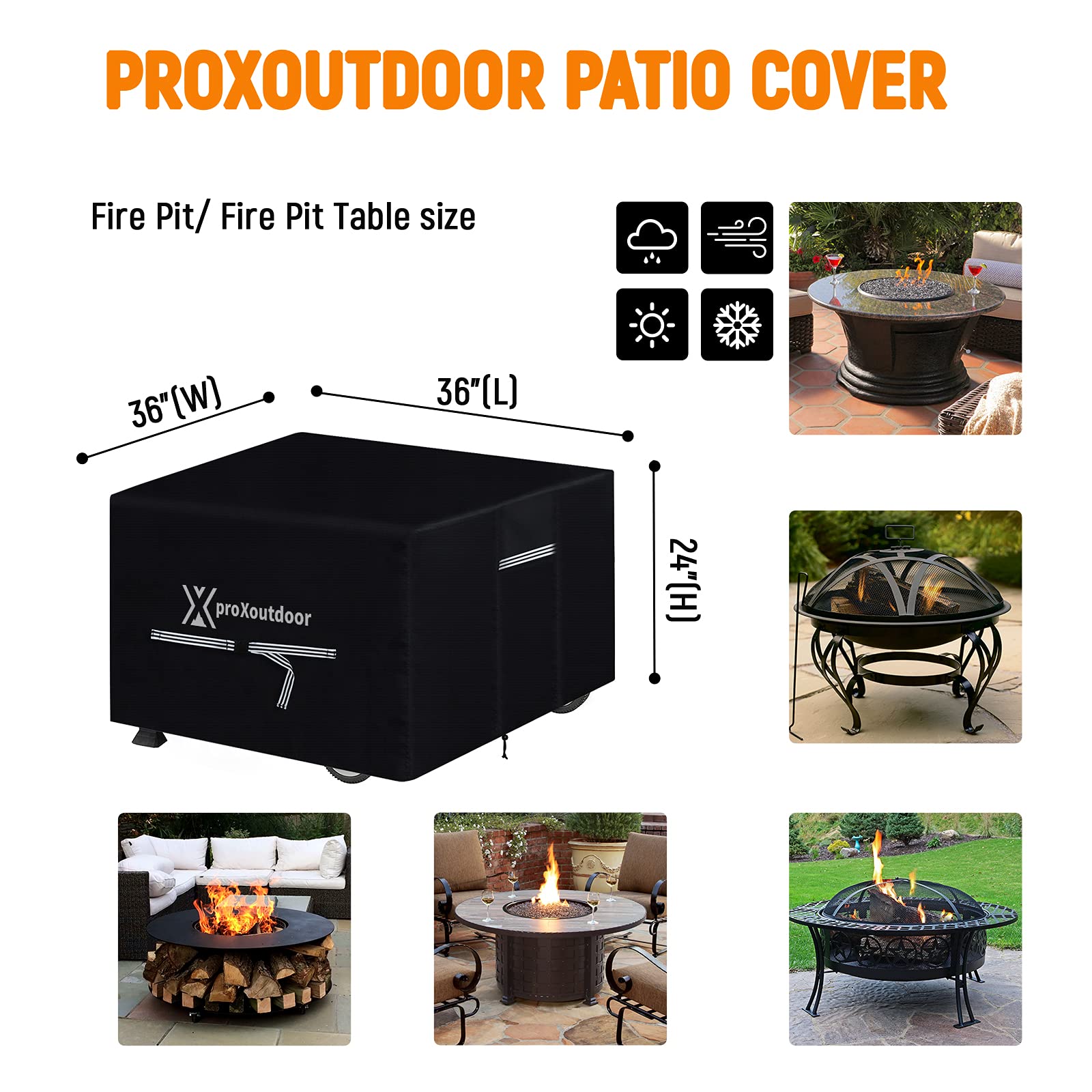 proxoutdoor 36 Inch Fire Pit Cover Square Patio Table Cover Waterproof Windproof Fireplace Cover With Buckles & Adjustable Drawstring & Air Vents - Black