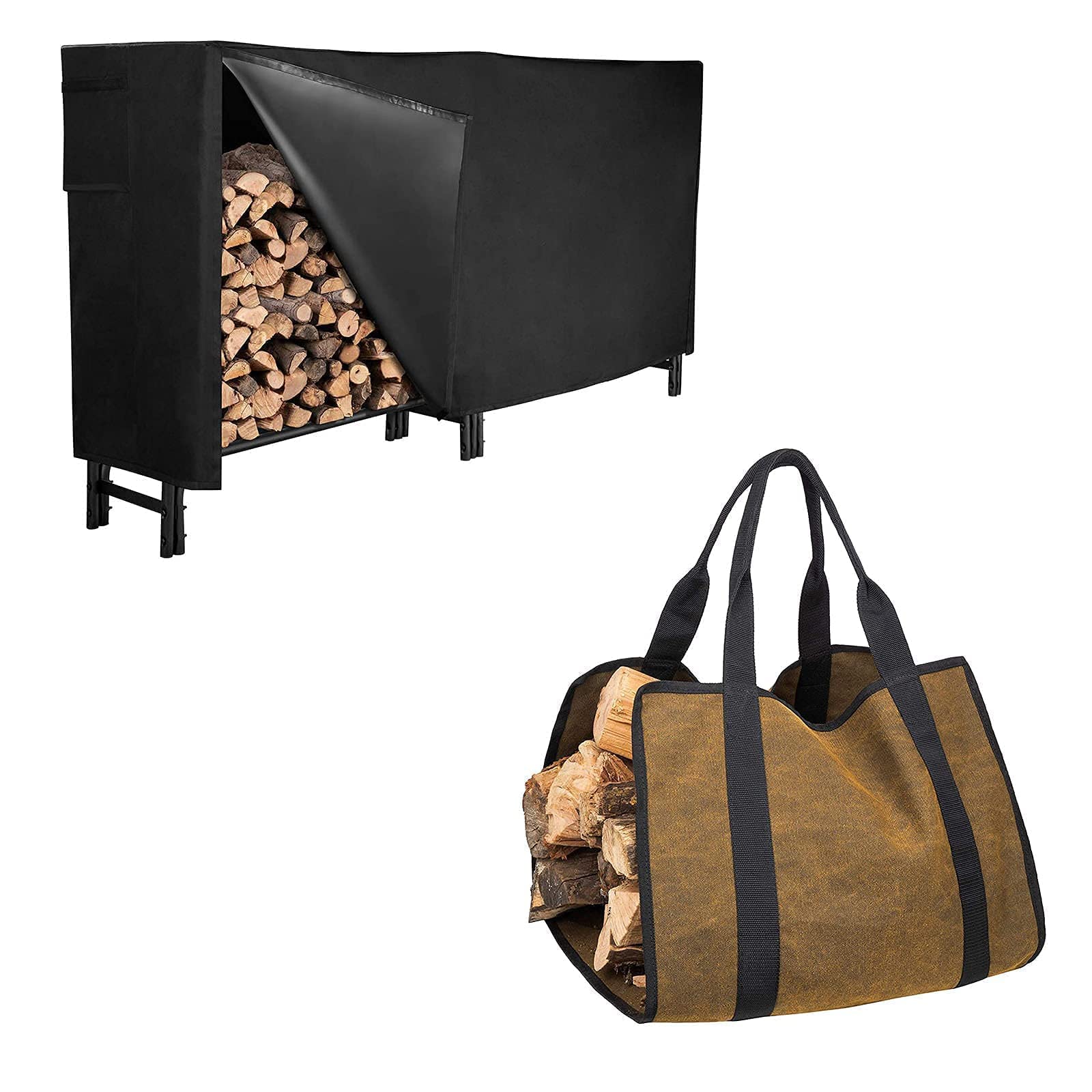 GASPRO 2 Pieces Firewood Accessories - 8FT Firewood Log Rack with Cover and 40 x 18inch Canvas Wood Carrying Bag