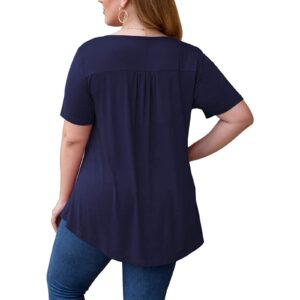 Womens Plus Size Lace Pachwork Short Sleeve O-Neck Casual Tops Blouse T Shirt(Navy, XXXL)