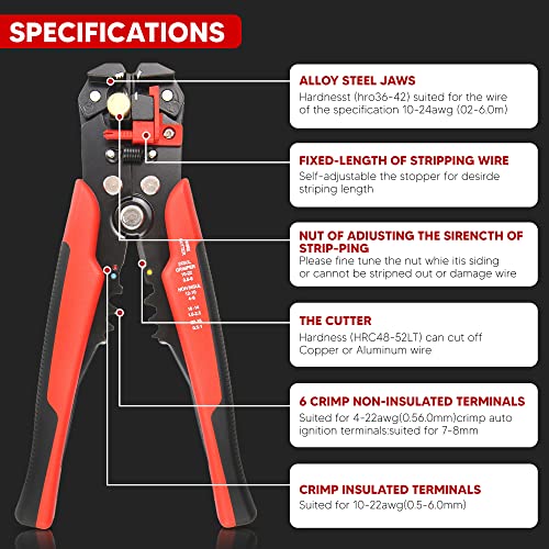 YIYITOOLS Wire Stripping Tool, Self-adjusting 8-Inch Automatic Wire Stripper/Cutting Pliers Tool for Wire Stripping, Cutting, Crimping 10-24 AWG (0.2~6.0mm²),XT-1-002