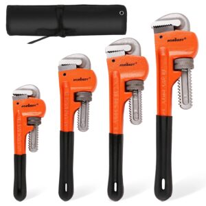 horusdy 4 pack heavy duty pipe wrench set, adjustable 8" 10" 12" 14" soft grip plumbing wrench set with storage bag