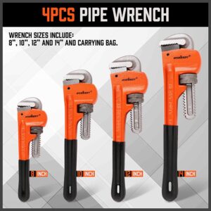 HORUSDY 4 Pack Heavy Duty Pipe Wrench Set, Adjustable 8" 10" 12" 14" Soft Grip Plumbing Wrench Set with Storage Bag