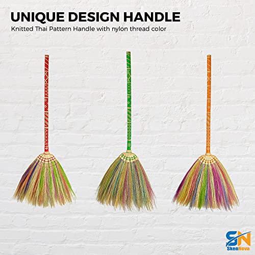 Natural Grass Broom Thai Vintage Retro Handmade Broom, Housewarming Gift, Witch Broom, Thai Broom, Broomstick, Bamboo Stick Embroidered Nylon Handle, Kong Grass Broom, Thick Broomstick, Durable Broom