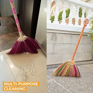 Natural Grass Broom Thai Vintage Retro Handmade Broom, Housewarming Gift, Witch Broom, Thai Broom, Broomstick, Bamboo Stick Embroidered Nylon Handle, Kong Grass Broom, Thick Broomstick, Durable Broom