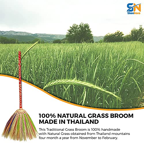 Natural Grass Broom Thai Vintage Retro Handmade Broom, Housewarming Gift, Witch Broom, Thai Broom, Broomstick, Bamboo Stick Embroidered Nylon Handle, Kong Grass Broom, Thick Broomstick, Durable Broom