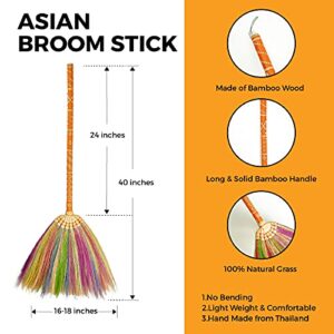 Natural Grass Broom Thai Vintage Retro Handmade Broom, Housewarming Gift, Witch Broom, Thai Broom, Broomstick, Bamboo Stick Embroidered Nylon Handle, Kong Grass Broom, Thick Broomstick, Durable Broom