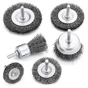 tilax drill wire brush end brush set 6 piece, wire brushes for cleaning 1/4 inch arbor 0.012 inch coarse carbon steel crimping wire wheel, paint-surface and small spaces can be treated.