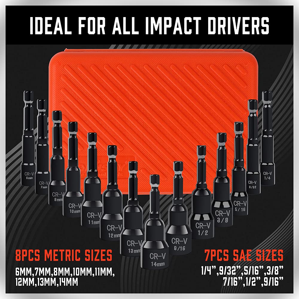 HORUSDY Magnetic Nut Driver Set | 15-Piece | Impact Nut Driver Set | SAE (1/4" to 9/16") and Metric (6-14mm) | Chrome Vanadium Steel | 1/4" Hex Shank