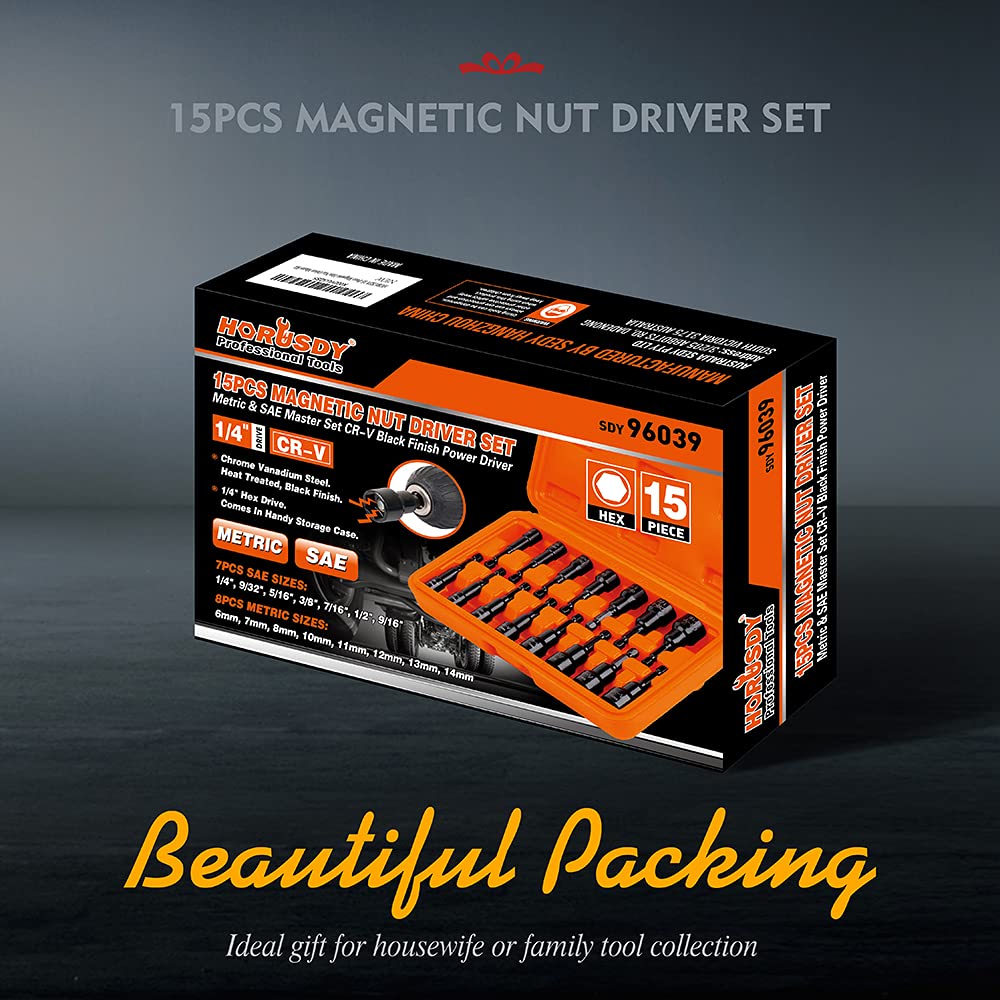 HORUSDY Magnetic Nut Driver Set | 15-Piece | Impact Nut Driver Set | SAE (1/4" to 9/16") and Metric (6-14mm) | Chrome Vanadium Steel | 1/4" Hex Shank