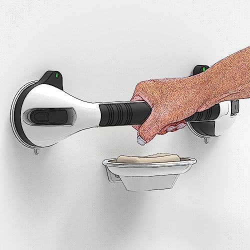 AquaChase Suction Shower Grab Bar with Indicators, Tool-Free Installation, Steady Handle for Balance Assist for Bathtub, Toilet, Bathroom (White/Black, Pack of 2, 17in)