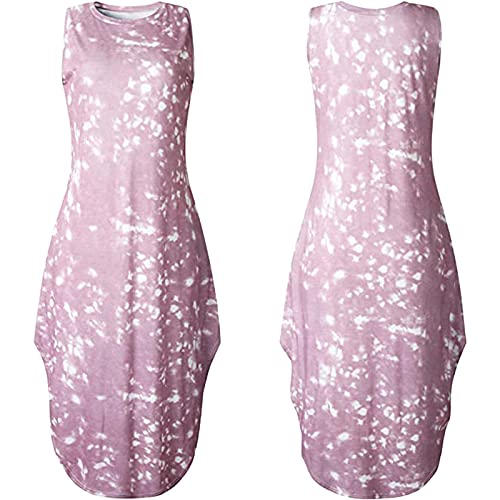 Sdeycui Women Fashion Porket O-Neck Gradient Printing Sleeveless Casual Slit Long Dress(Pink, M)