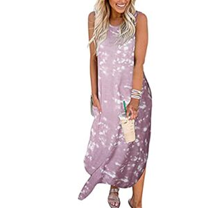 Sdeycui Women Fashion Porket O-Neck Gradient Printing Sleeveless Casual Slit Long Dress(Pink, M)