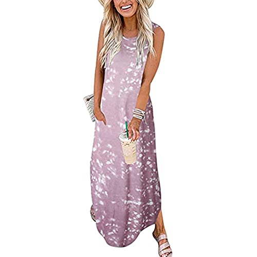 Sdeycui Women Fashion Porket O-Neck Gradient Printing Sleeveless Casual Slit Long Dress(Pink, M)