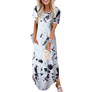 Sdeycui Women Fashion O-Neck Gradient Printing Short Sleeve Casual Slit Long Dresses(Black, XXL)