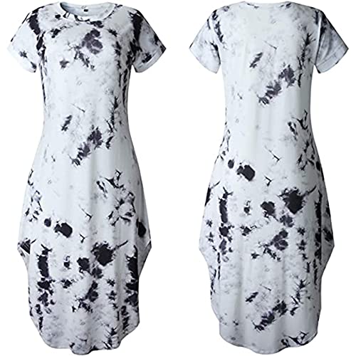 Sdeycui Women Fashion O-Neck Gradient Printing Short Sleeve Casual Slit Long Dresses(Black, XXL)