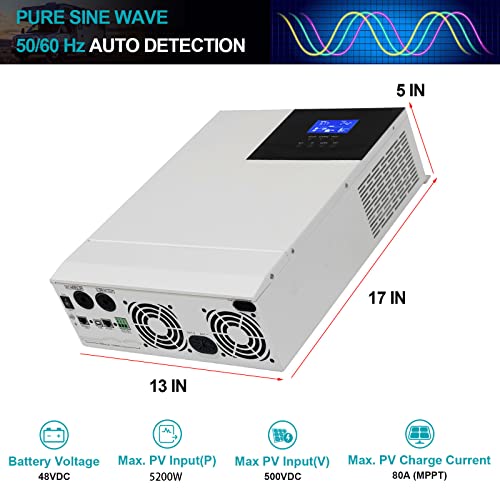 POWLAND 5000W Solar Inverter Charger, Max 500V PV Input, 110V 120V AC Off-Grid Inverter, Pure Sine Wave, Built-in 80A MPPT Charge Controller, for 48V Lead Acid or Lithium Battery