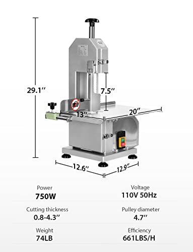 Electric Bone Saw Machine 750W 1.2HP Commercial Frozen Meat Cutting Machine Stainless Steel Countertop Bone Cutter Machine for Rib Fish Pork Steak Beef