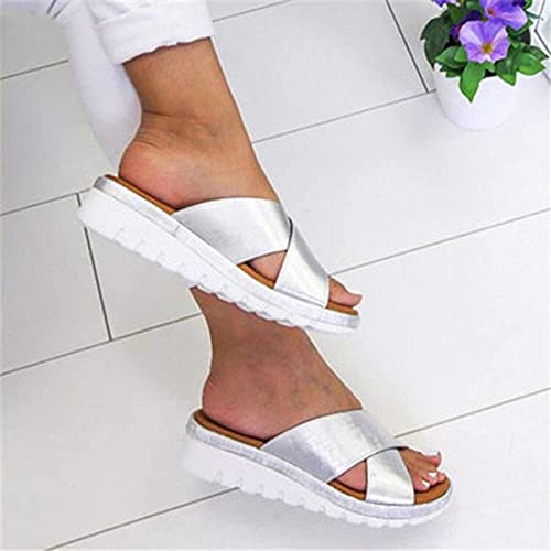 wodceeke platform sandals for Women 2021 Comfy Platform wedge Sandal Shoes Summer Beach Travel Shoes Flip Flops (Silver, 39)