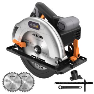 circular saw, 13-amp 5500rpm 7-1/4" power circle saw with 3 saw blade 24t/36t/40t, cutting depth : 2-9/16" at 90°, 1-3/4" at 45° for wood, bevel angle(0 to 45°), ac power cord